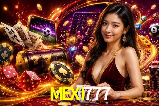 Una escena digital vívida inspirada en casino con MEXI777 mostrado prominentemente, luces brillantes, fichas, cartas y acentos dorados.